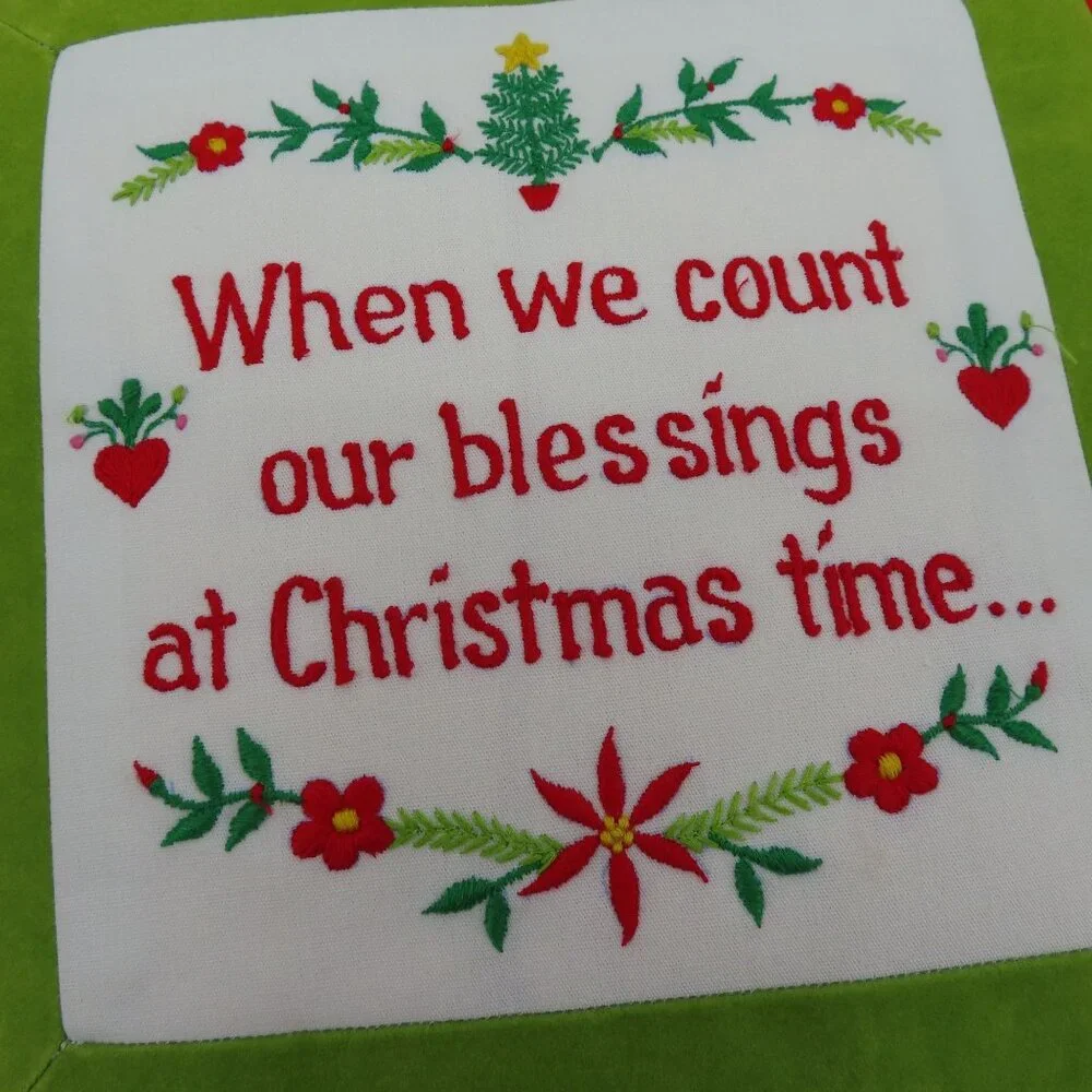 VTG Silvestri Merry Christmas Embroidered Green Red Square Holiday Throw Pillow